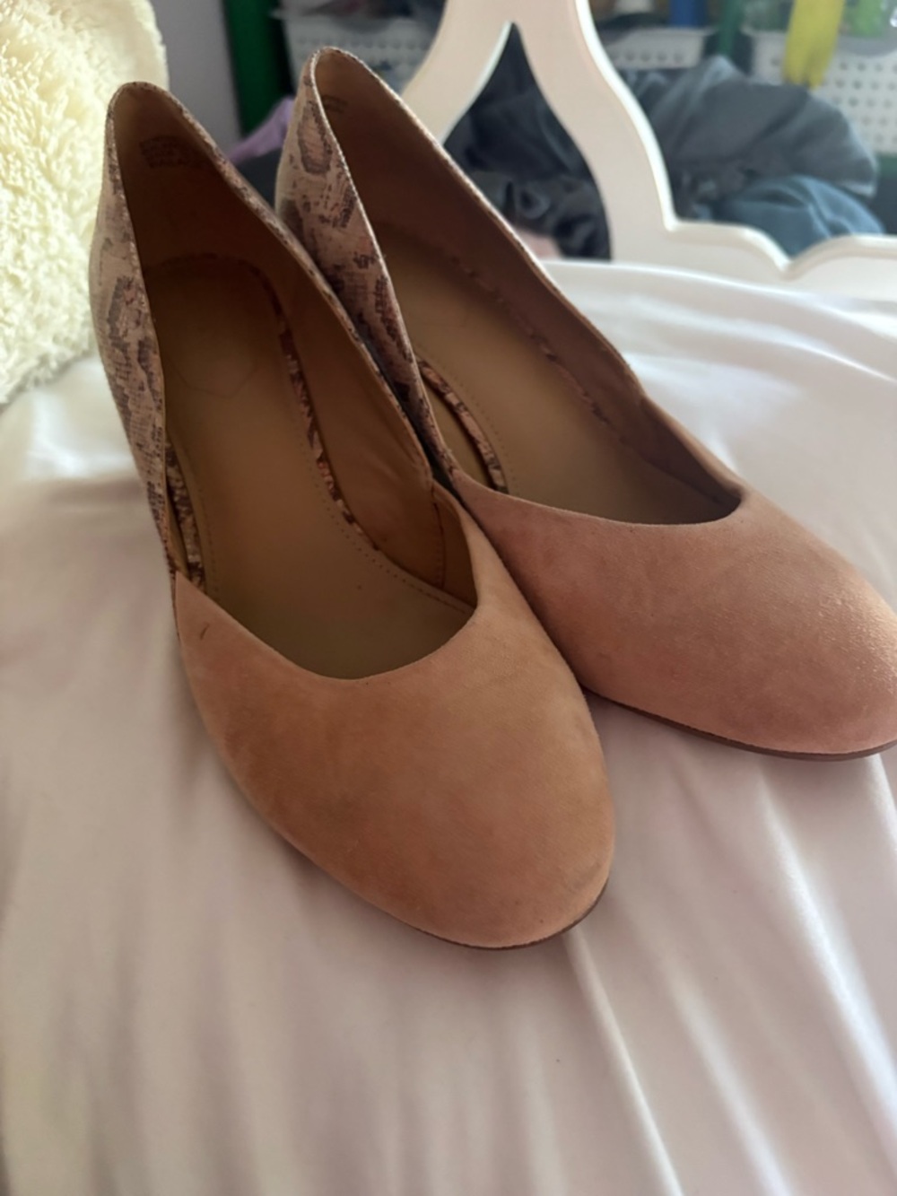 Blush Suede Wedge Pumps with Snakeskin Heel Accent